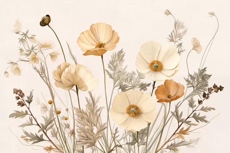 fototapeter Orange og hvide vintage valmuer med tynde stængler og blade, lys beige baggrund, akvarel-stil w09293