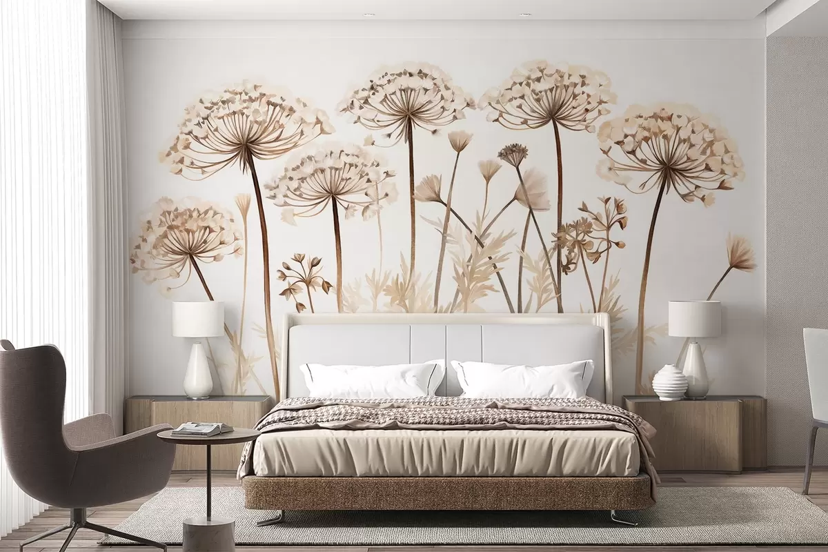 fototapeter Queen Anne's Lace-blomster på en mark, tekstureret maleriimitation, brun, beige og hvid farvepalet, botanisk illustration w09294