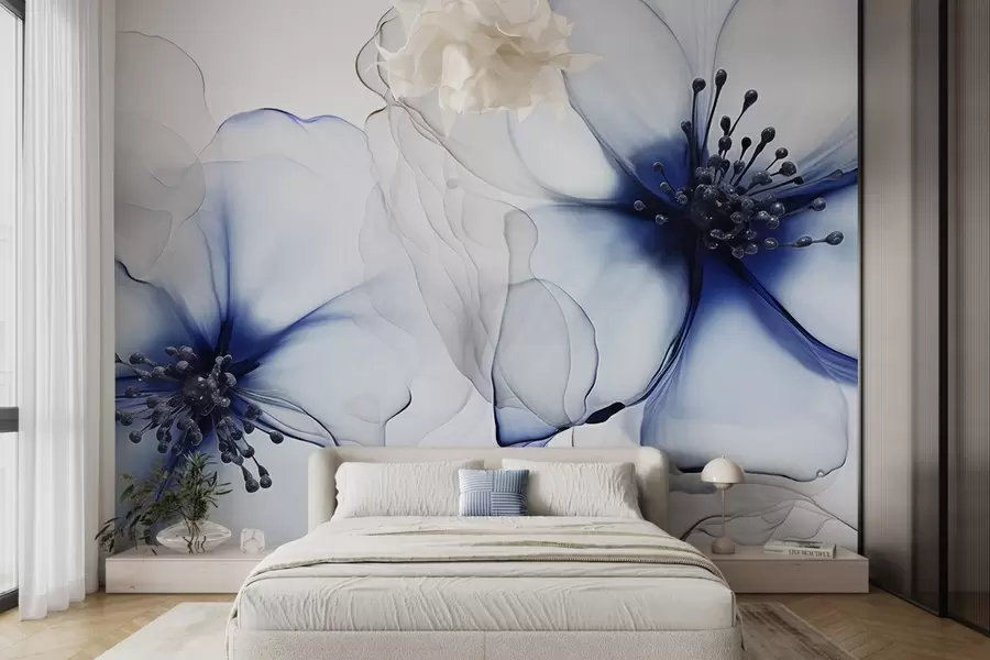 Fototapete Zwei durchscheinende, strukturierte blaue Blüten mit sichtbaren Staubgefäßen, sich überlappenden zarten Blütenblättern und einer weich fließenden Textur w09295v1