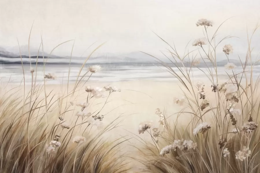 fototapeter En hvedemark med hvide blomster i forgrunden, en strand og havet i baggrunden, neutrale, dæmpede pastelfarver w09298