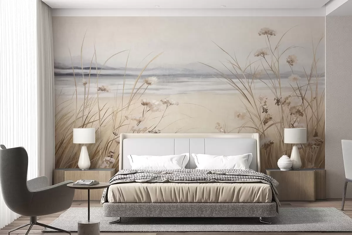 fototapeter En hvedemark med hvide blomster i forgrunden, en strand og havet i baggrunden, neutrale, dæmpede pastelfarver w09298