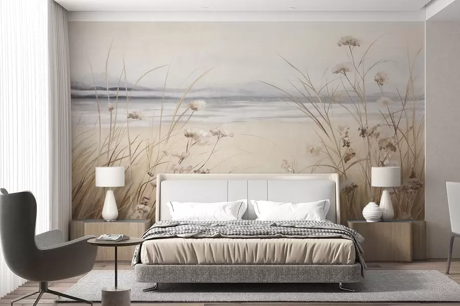 fototapeter En hvedemark med hvide blomster i forgrunden, en strand og havet i baggrunden, neutrale, dæmpede pastelfarver w09298