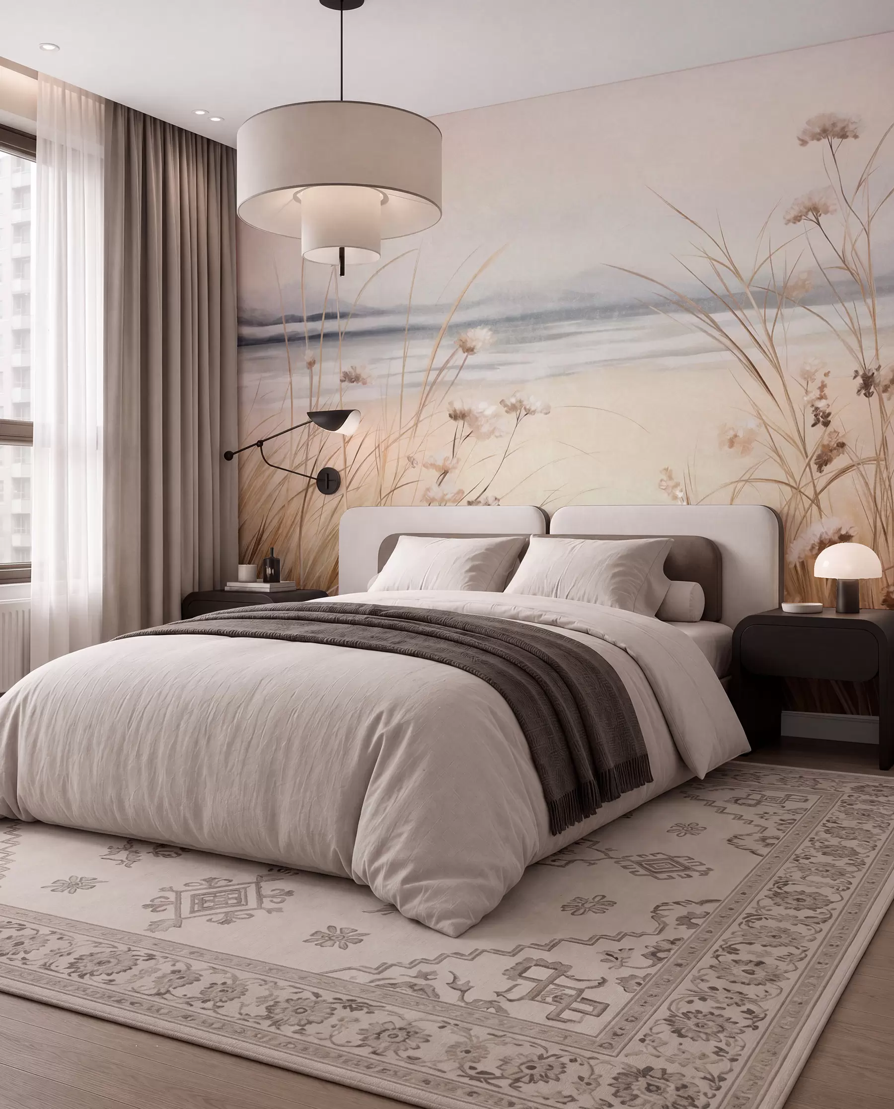 Fototapete Ein Weizenfeld mit weißen Blumen im Vordergrund, ein Strand und das Meer im Hintergrund, neutrale, gedämpfte Pastellfarben w09298