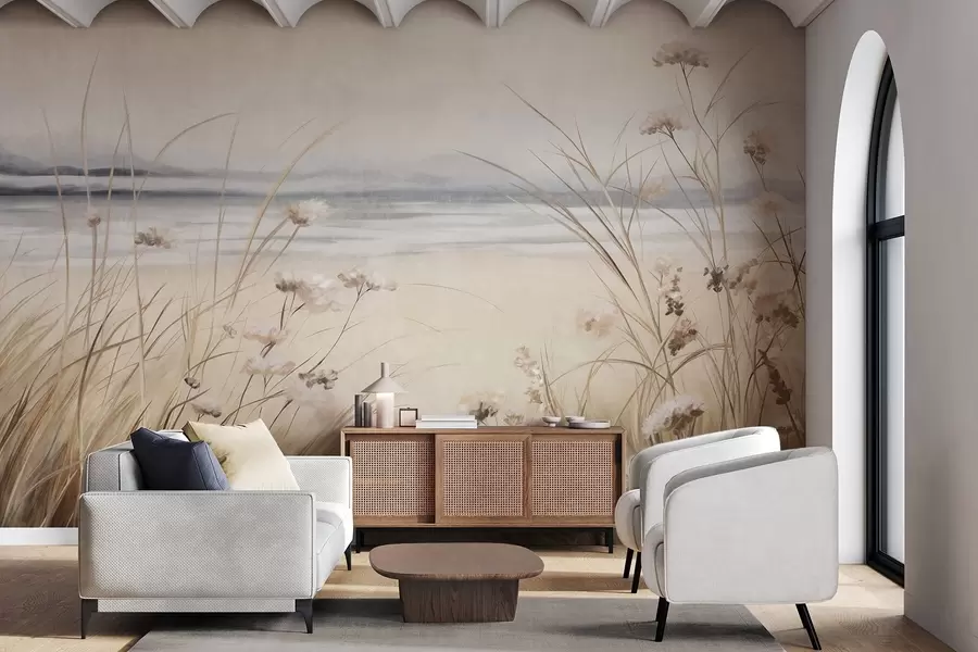 Fototapete Ein Weizenfeld mit weißen Blumen im Vordergrund, ein Strand und das Meer im Hintergrund, neutrale, gedämpfte Pastellfarben w09298