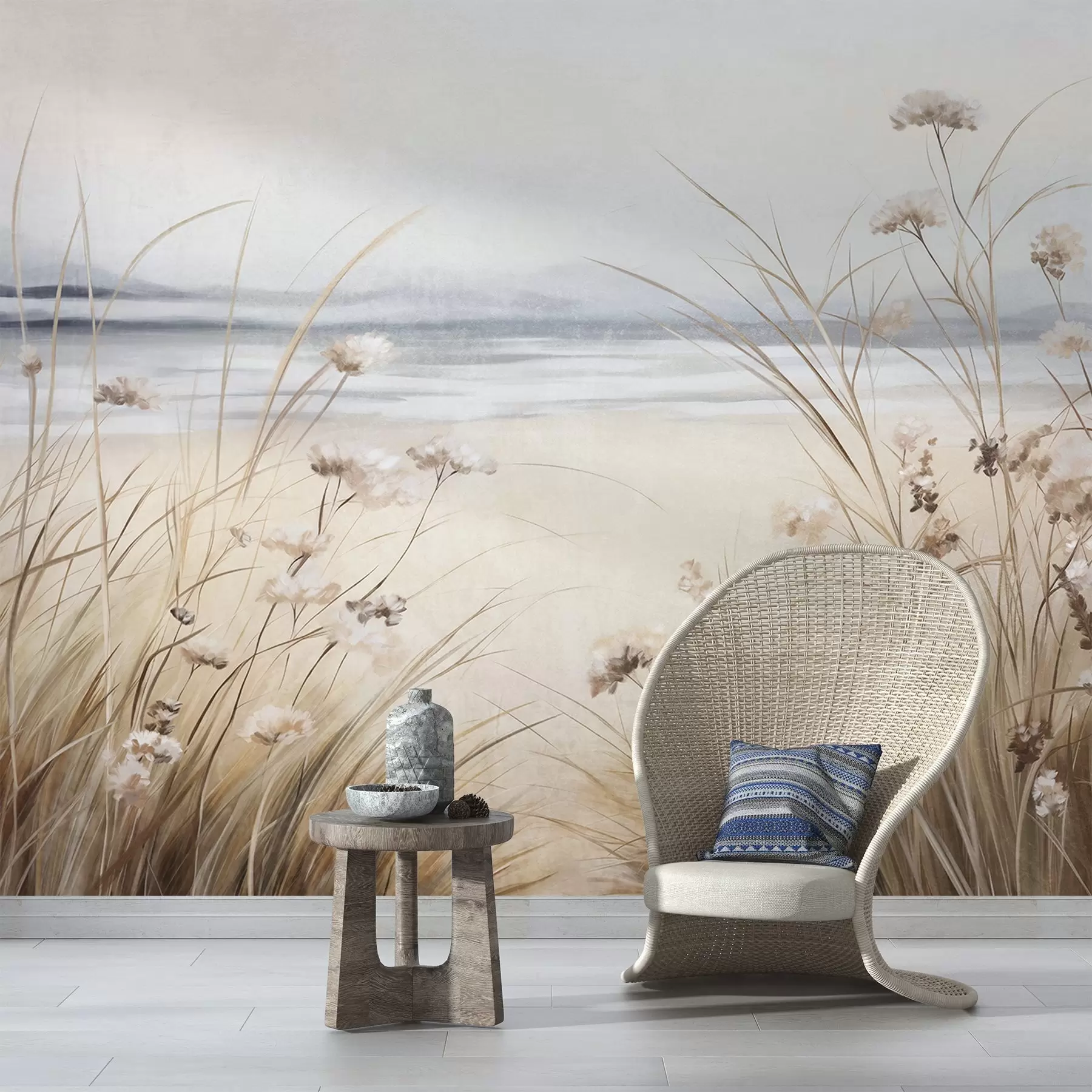 fototapeter En hvedemark med hvide blomster i forgrunden, en strand og havet i baggrunden, neutrale, dæmpede pastelfarver w09298