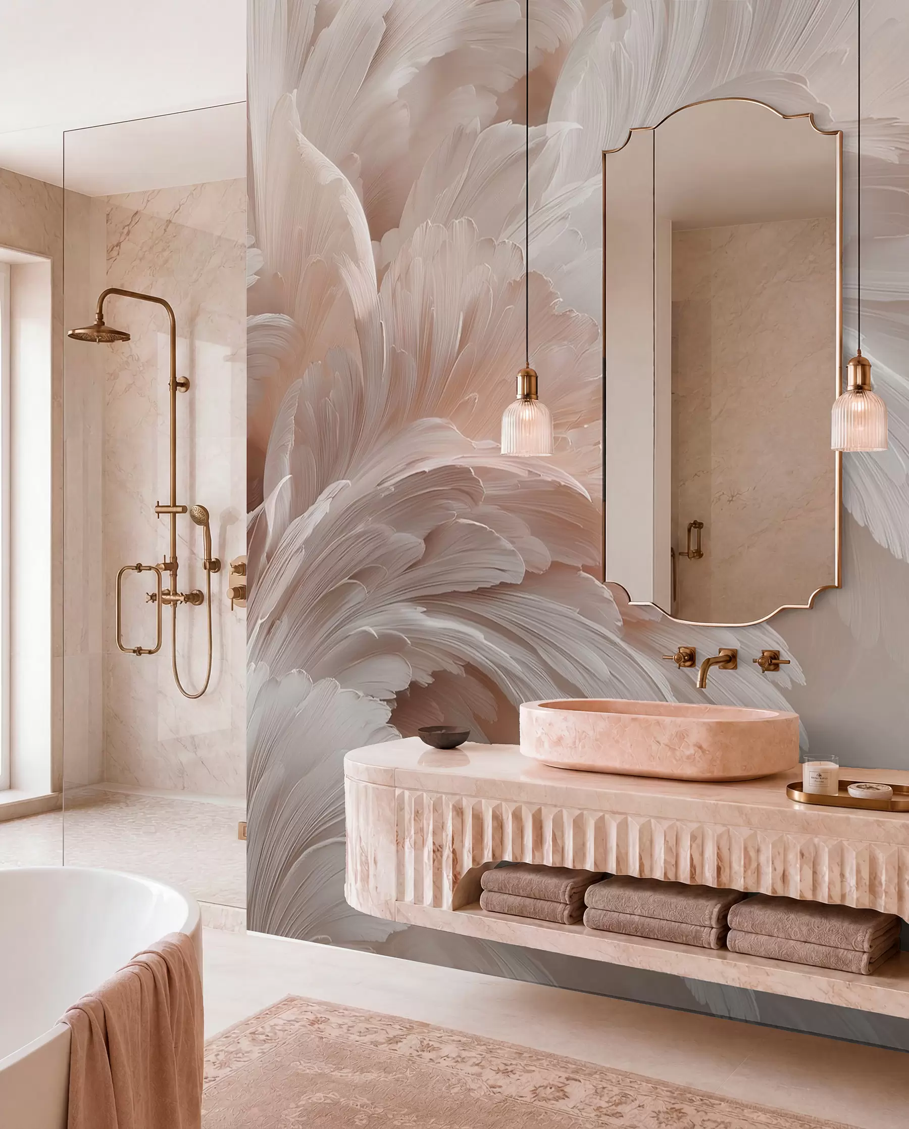 Murale Plumes et pétales aériens dans des tons rose crème w09301