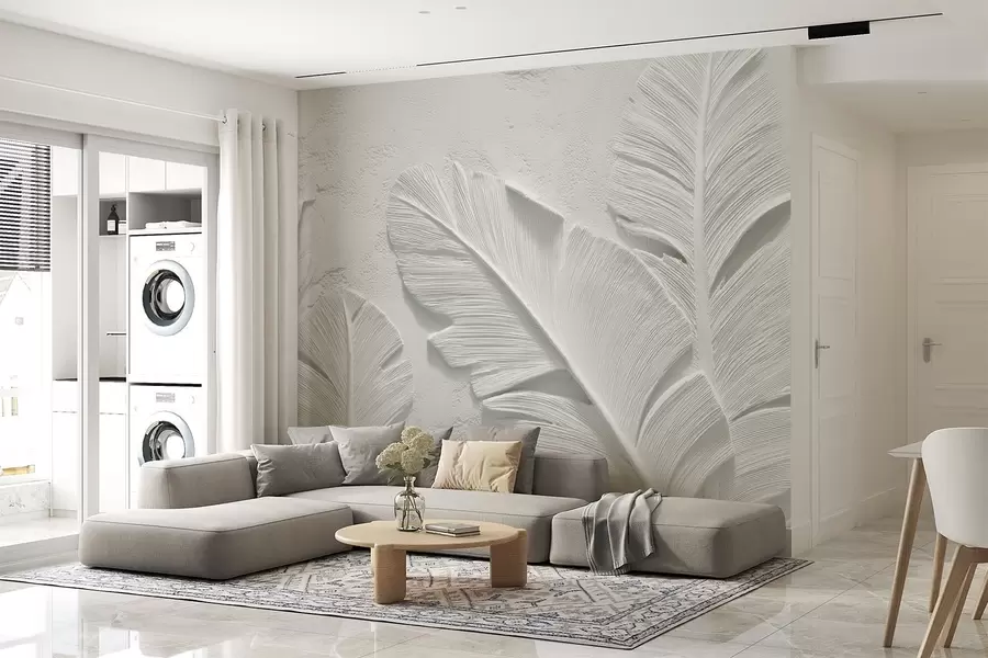 Fototapete Texturierte graue Blätter auf einem Hintergrund mit Kunstgipsrelief w09307