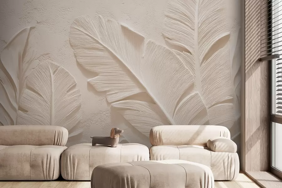 Murale Feuilles en relief dans des tons chauds beige-sable w09307v1