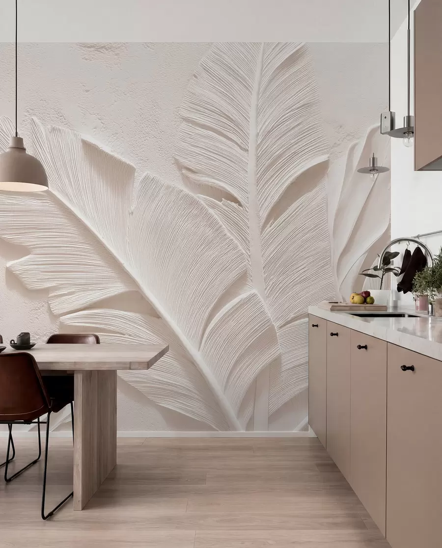 Murale Feuilles en relief dans des tons chauds beige-sable w09307v1