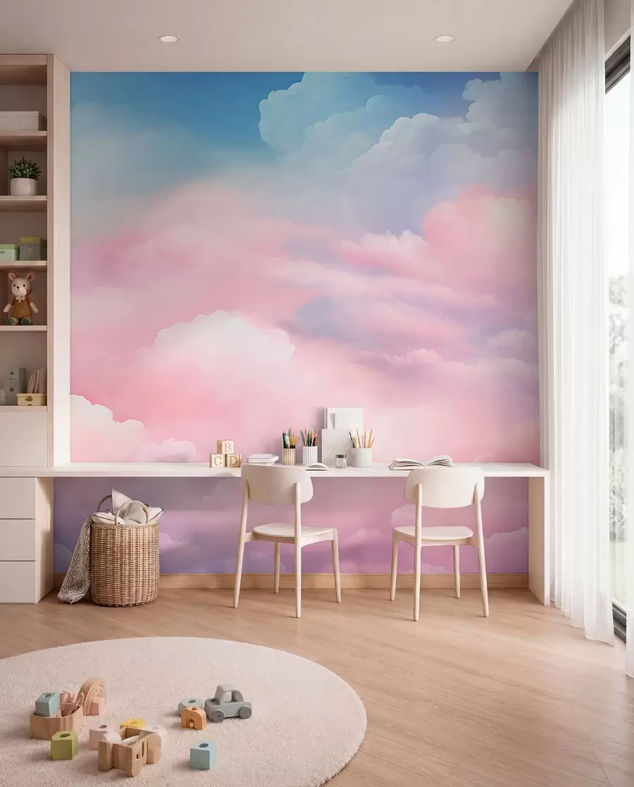 Murale Nuages rose bonbon w04387
