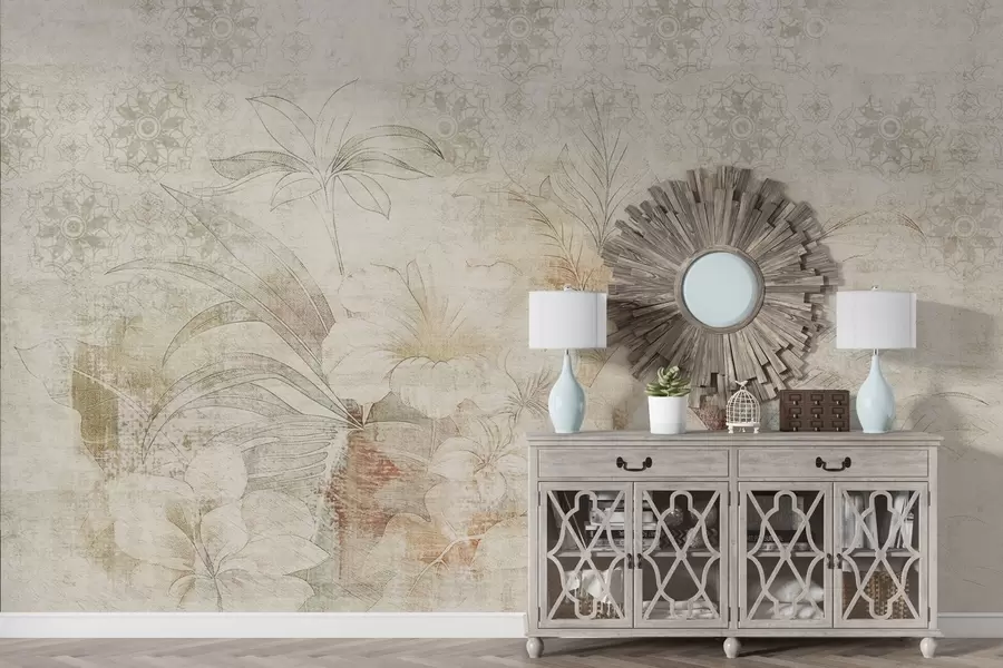 Murale Fleurs et feuilles sur fond texturé avec ornements w04343