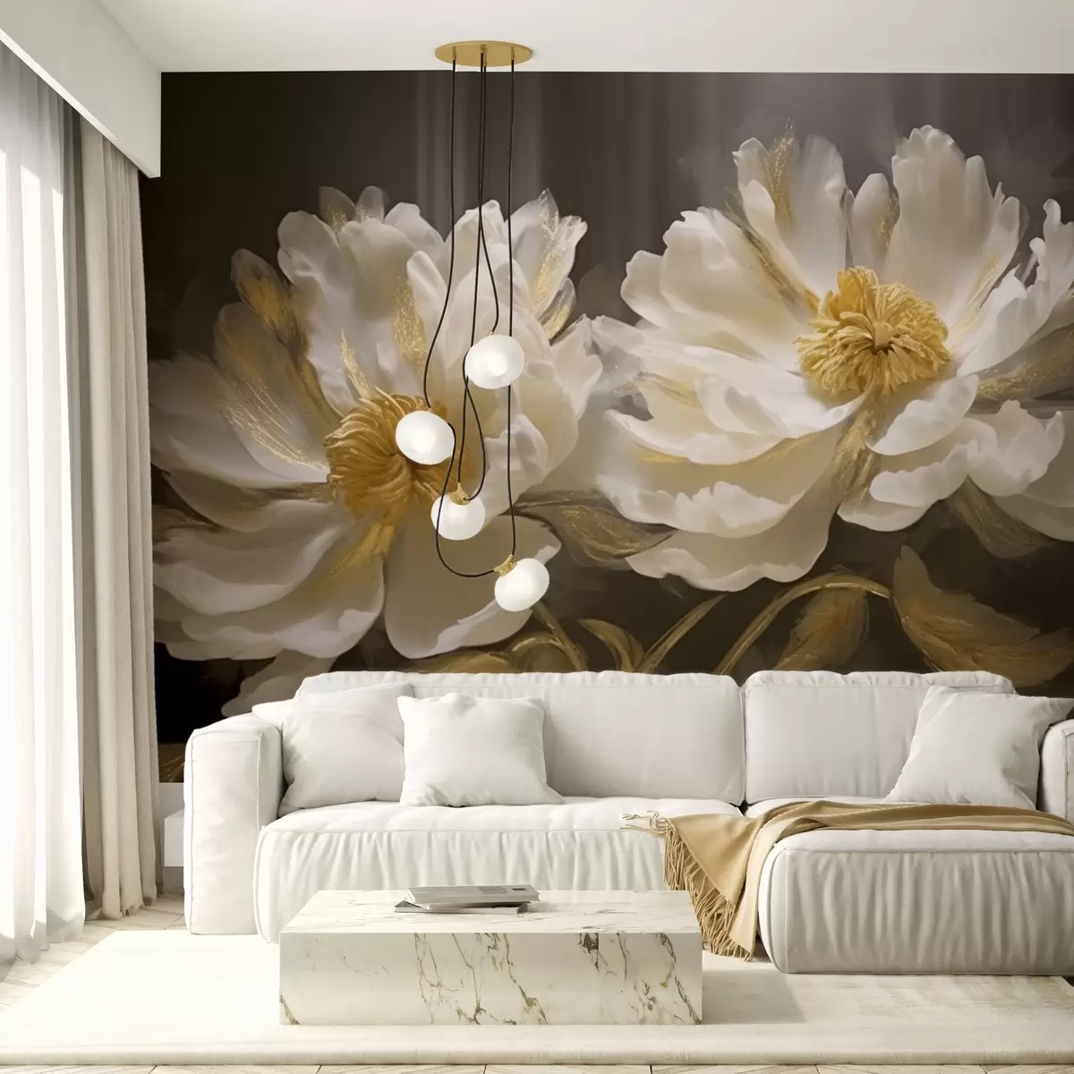 Murale Fleurs claires avec des reflets sur fond sombre w04344