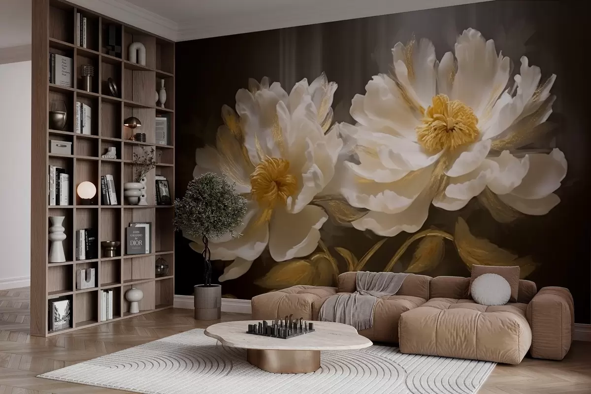 fototapeter Lyse blomster med highlights på mørk baggrund w04344