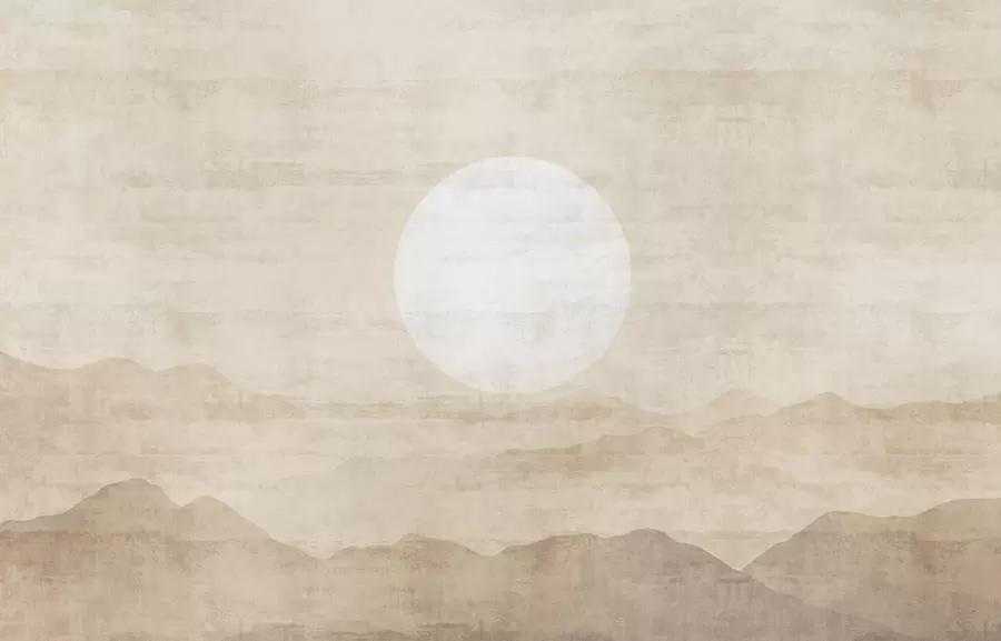 Murale Paysage de montagne minimaliste avec un grand soleil blanc w04345