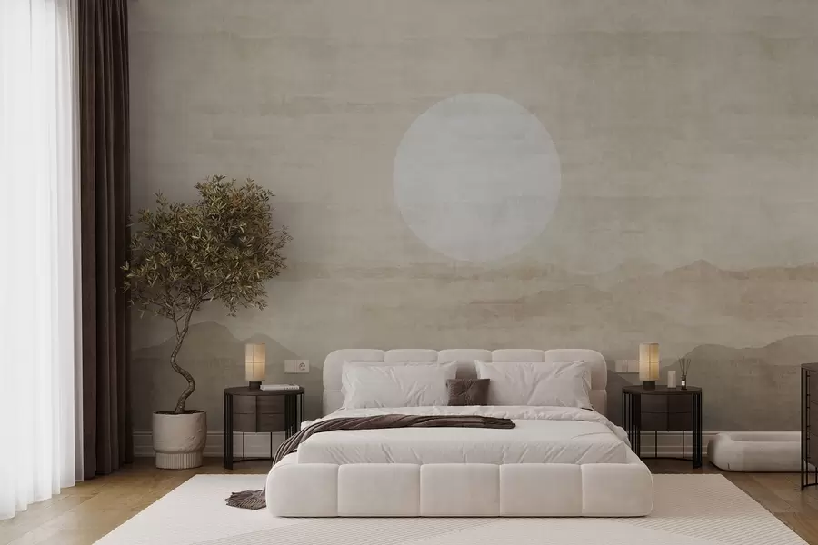 fototapeter Minimalistisk bjerglandskab med stor hvid sol w04345