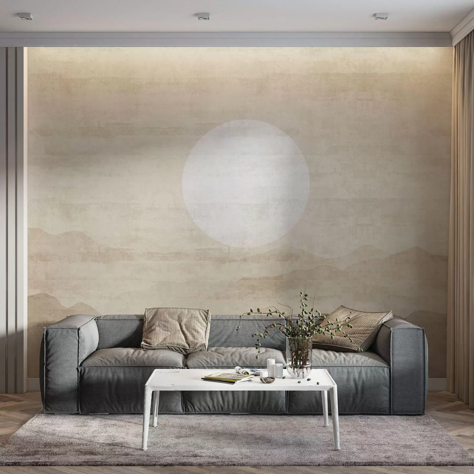 Murale Paysage de montagne minimaliste avec un grand soleil blanc w04345