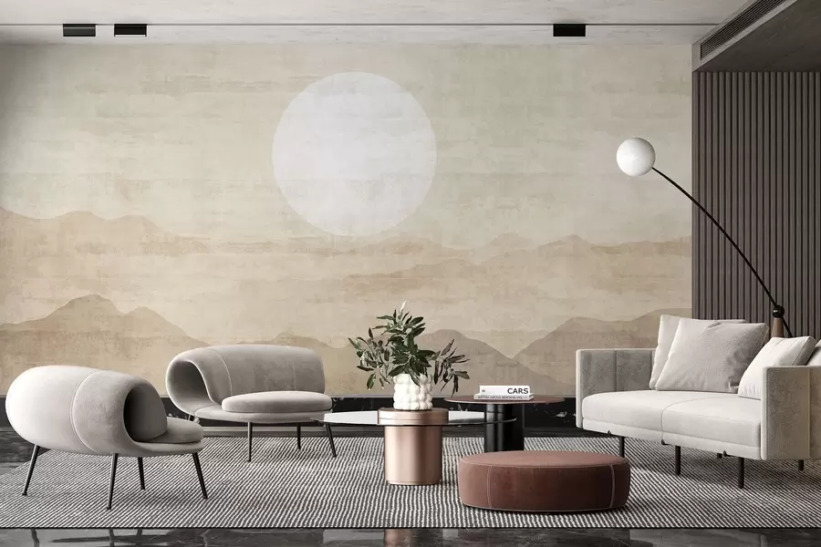 fototapeter Minimalistisk bjerglandskab med stor hvid sol w04345