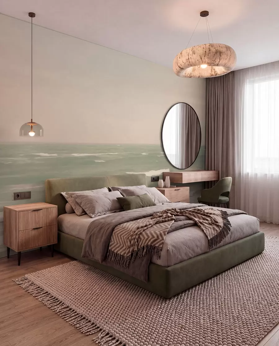 Murale Paysage marin rose-vert avec de douces vagues w04348