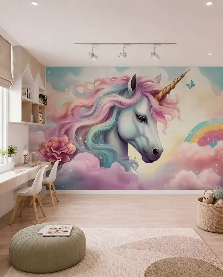 Murale Licorne dans un ciel nuageux avec un arc-en-ciel w04372