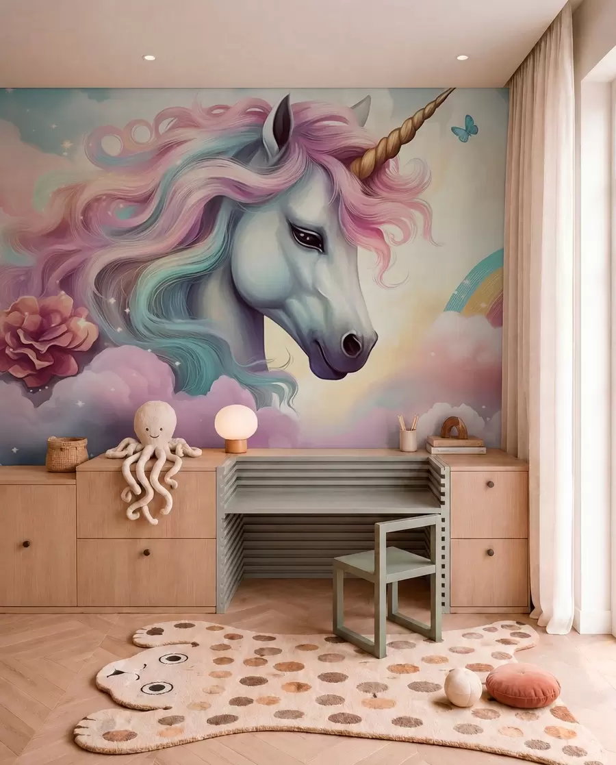 Murale Licorne dans un ciel nuageux avec un arc-en-ciel w04372