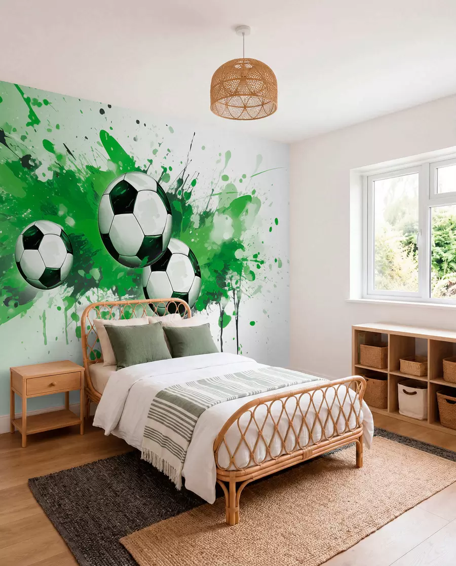 Murale Ballons de foot en jets verts w04373v1