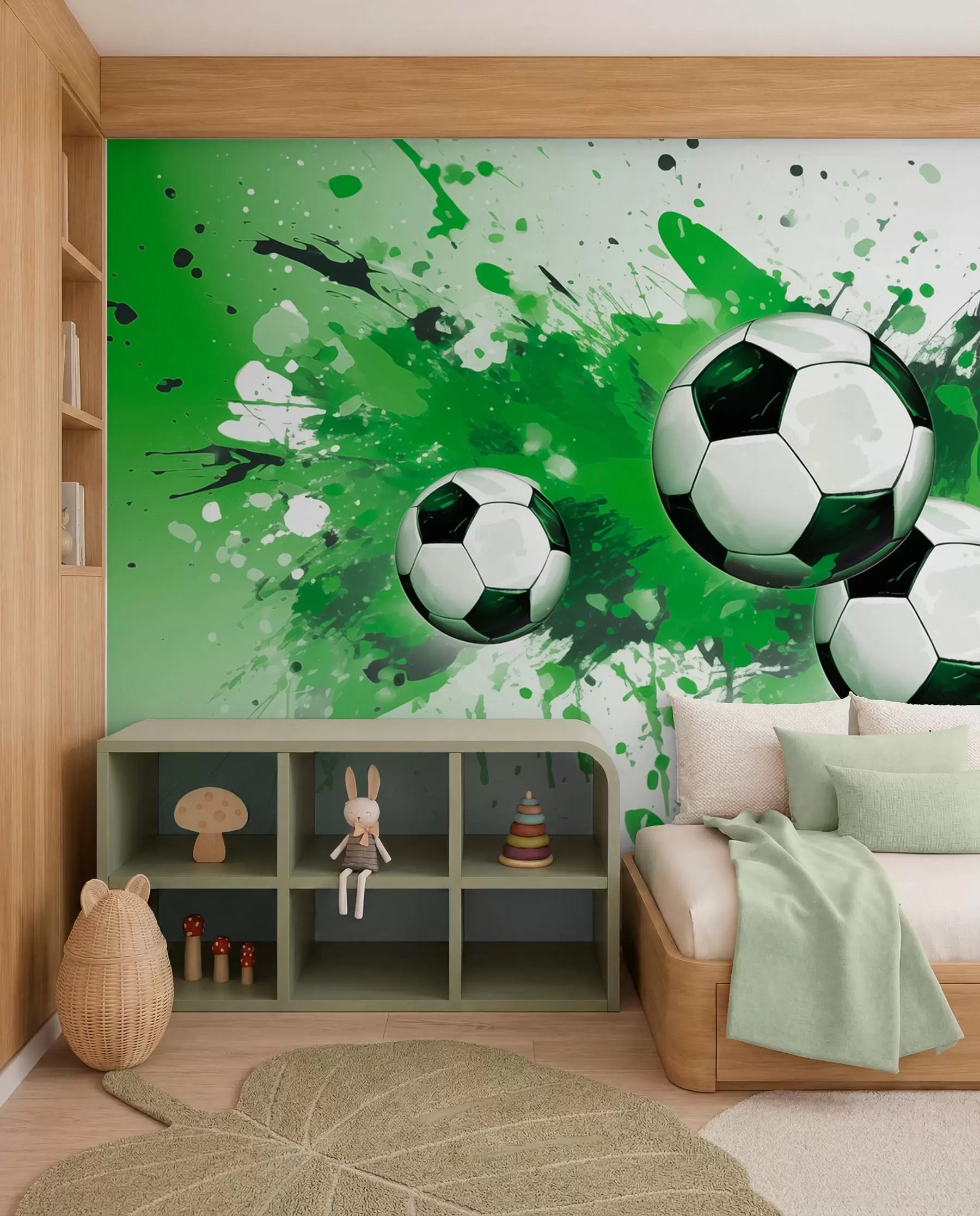 Murale Ballons de foot en jets verts w04373v1