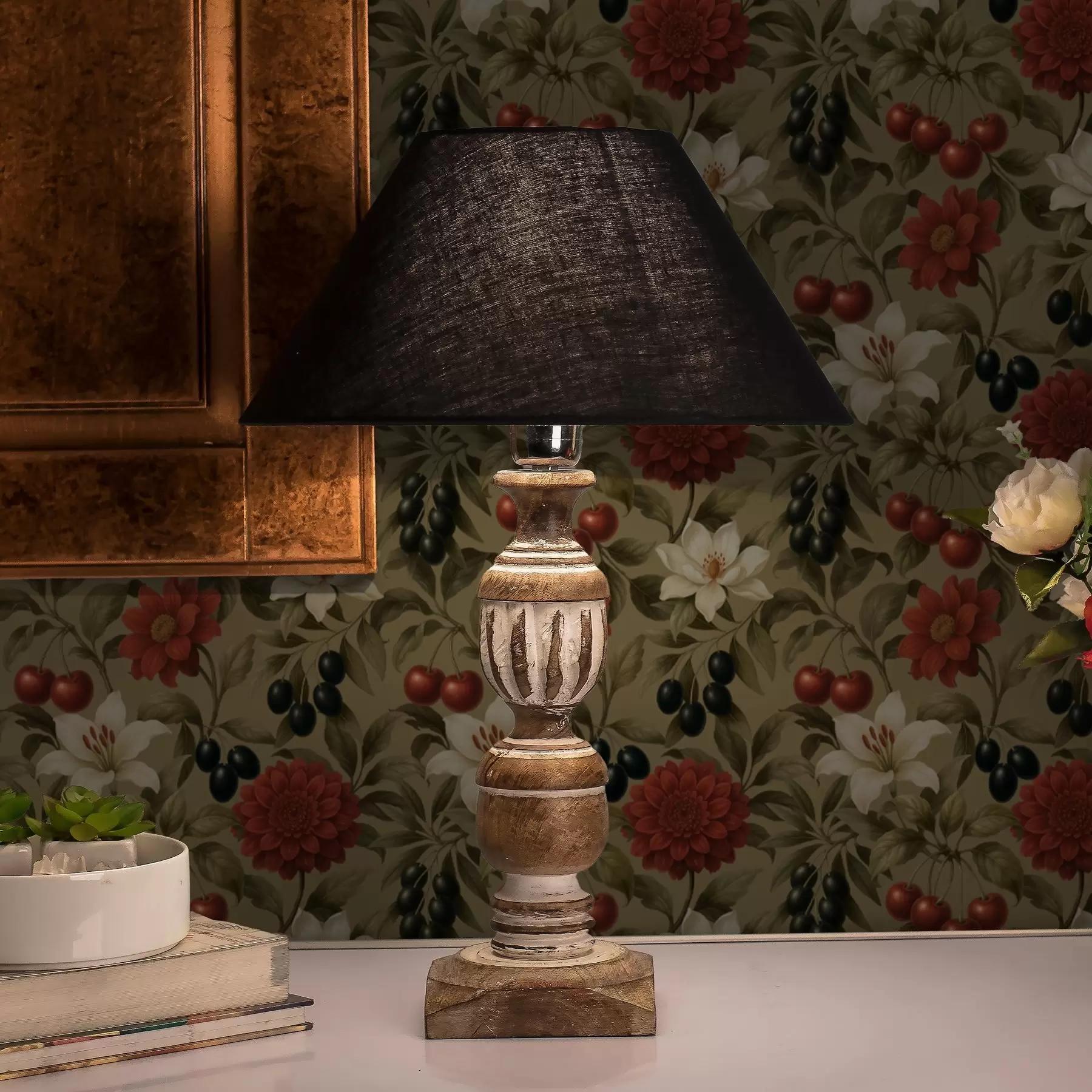 Murale Cerises, fleurs et olives noires a00384