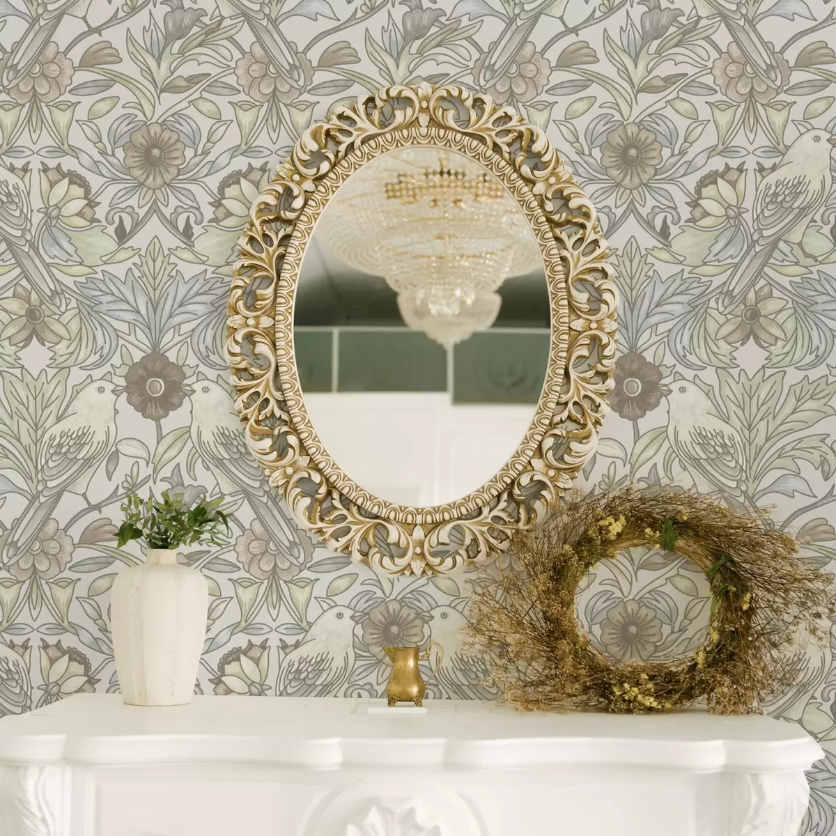 Baggrund Art Nouveau-fugle og stiliserede pastelblomster a00385