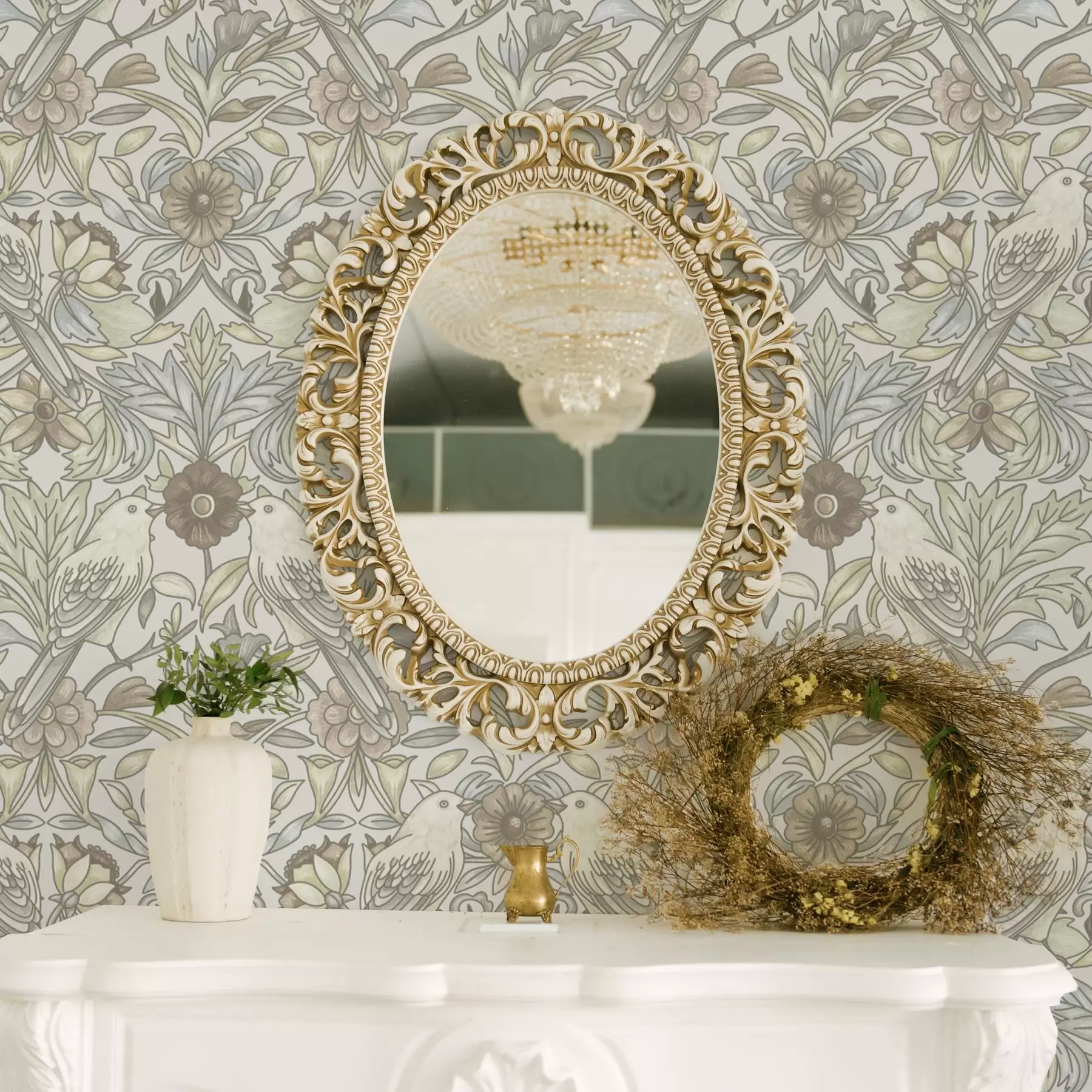 Fototapete Vögel im Jugendstil und stilisierte Blumen in Pastell a00385