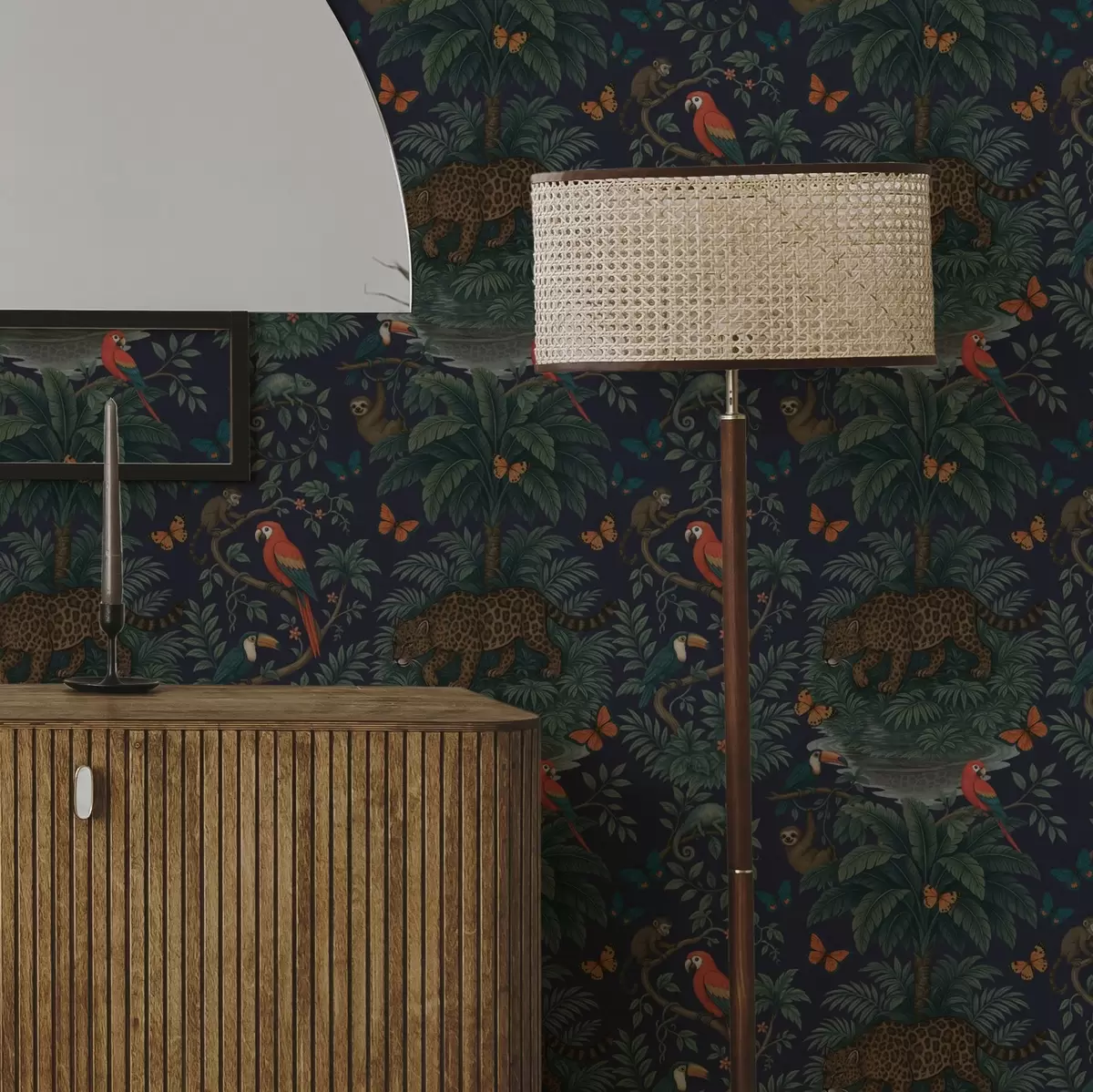 Baggrund Tropisk jungle med leopard, leopard, papegøjer og sommerfugle a00388