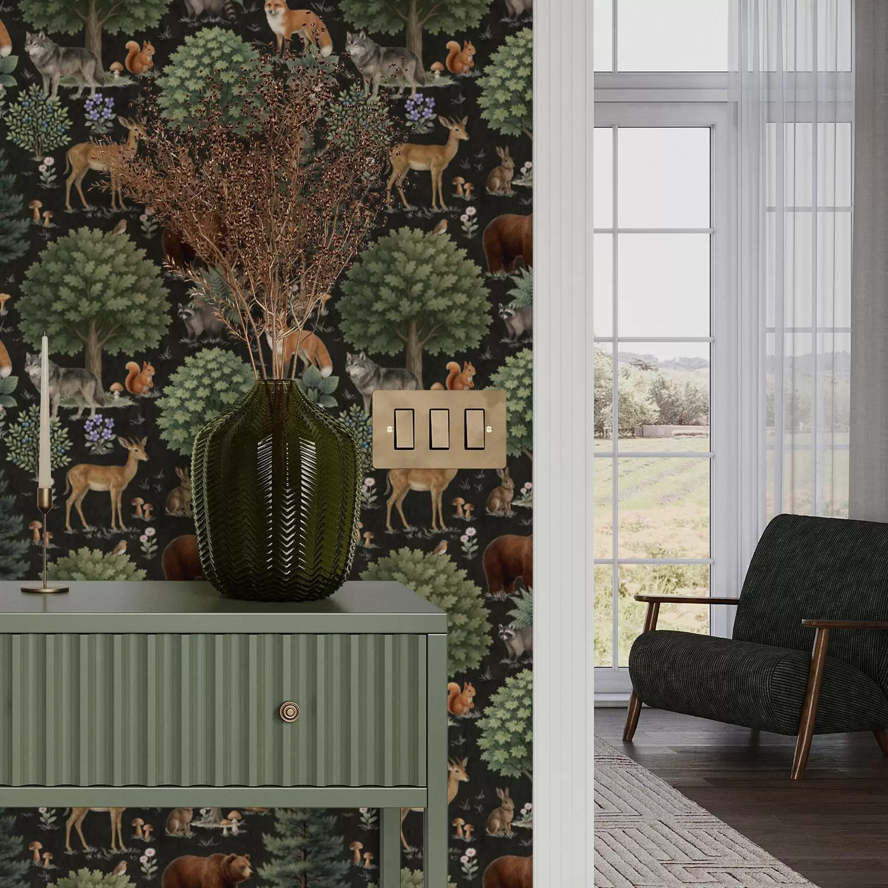 fototapeter Skovdyr i akvarel med træer og svampe a00391