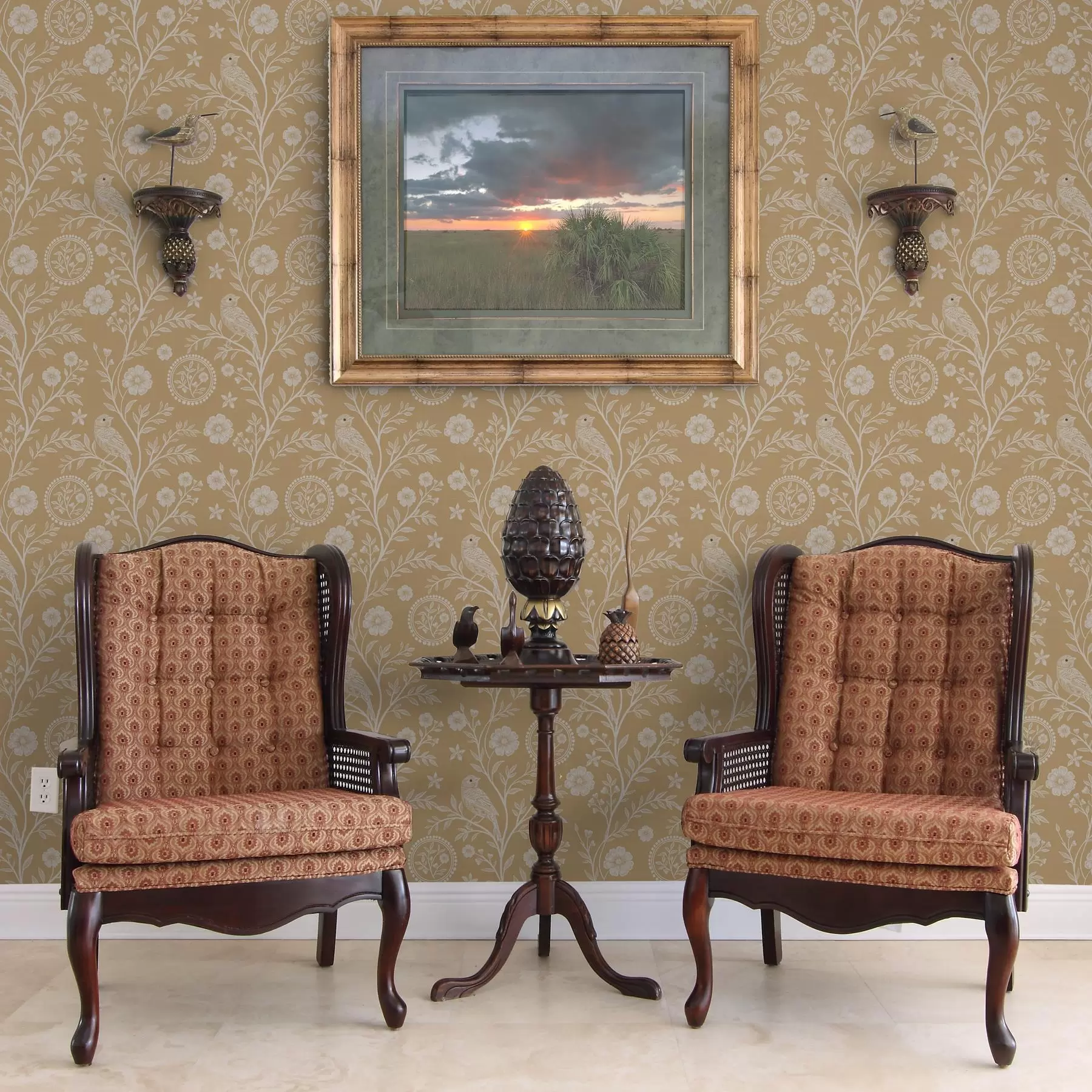 fototapeter Delikat skitse af en hvid fugl og blomst hvid fugl og blomst på okkerfarvet baggrund a00393