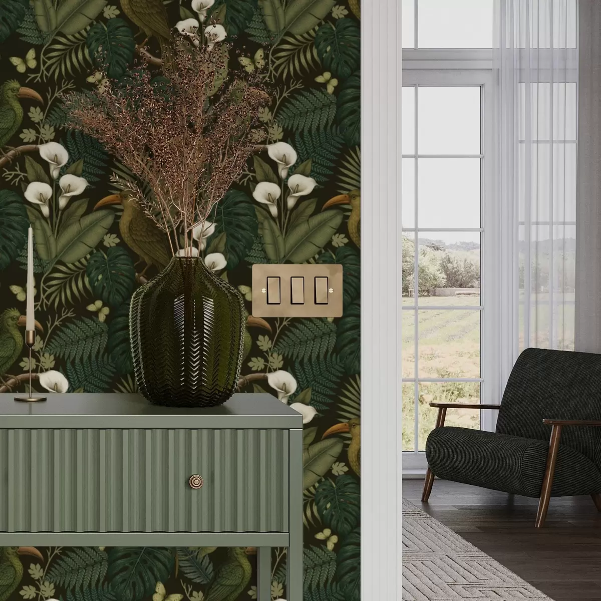 Baggrund Tropiske fugle og frodigt grønt på mørk junglebaggrund a00397