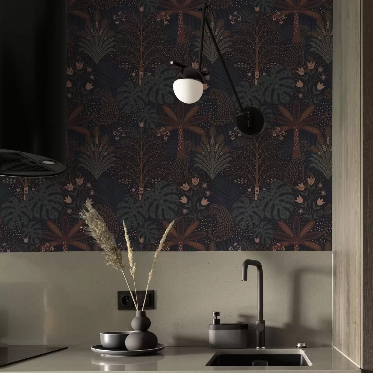 Baggrund Mørk jungle med leoparder, palmer og blomster a00424