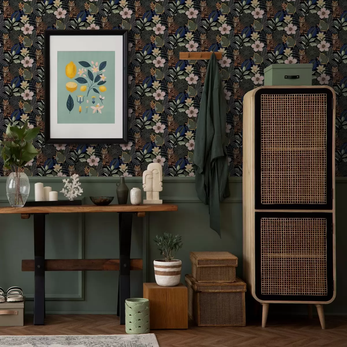 Baggrund Tigre blandt lyse tropiske blomster og blade a00426