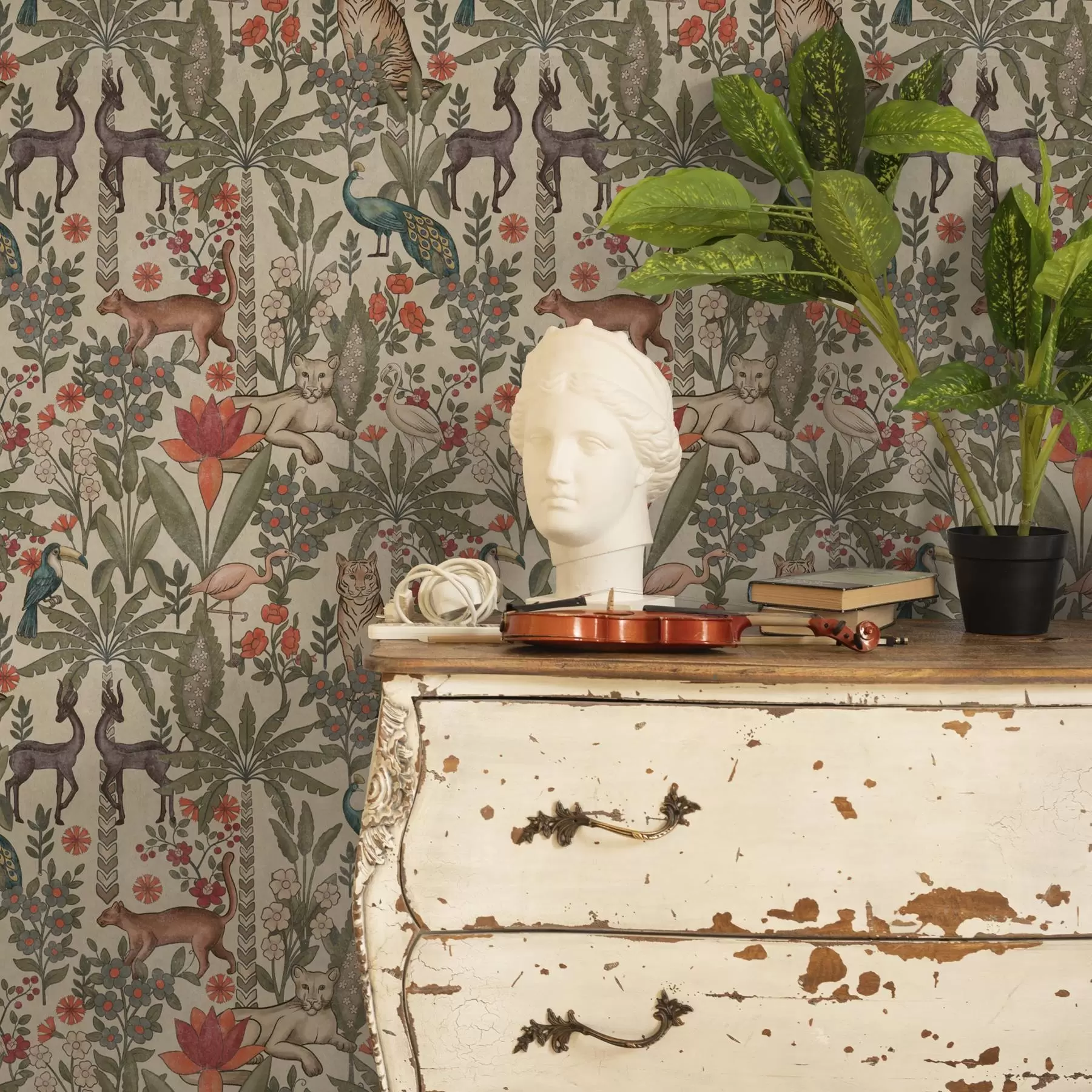 Murale Style rétro : Animaux et fleurs sur fond vintage a00431