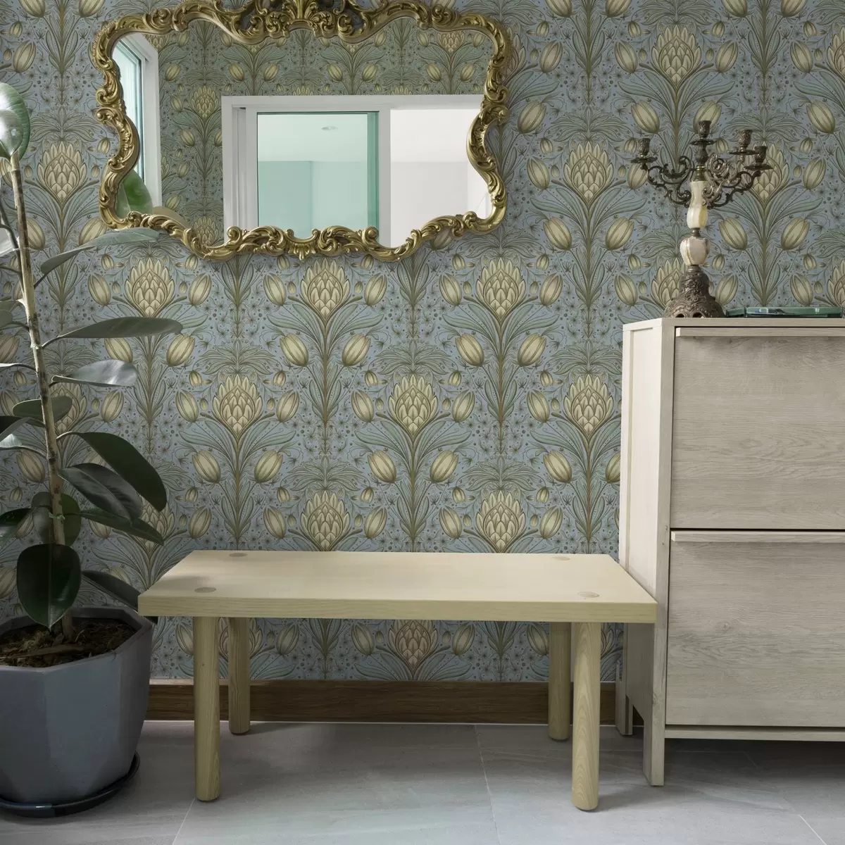 Tapete Blaues Muster mit Artischocken und Tulpen a00435