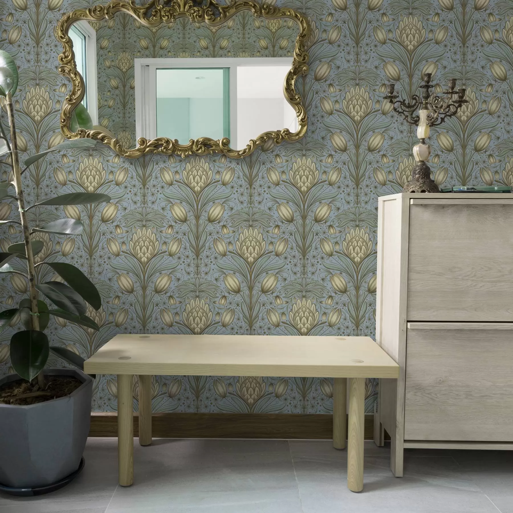 fototapeter Blåt mønster med artiskokker og tulipaner a00435