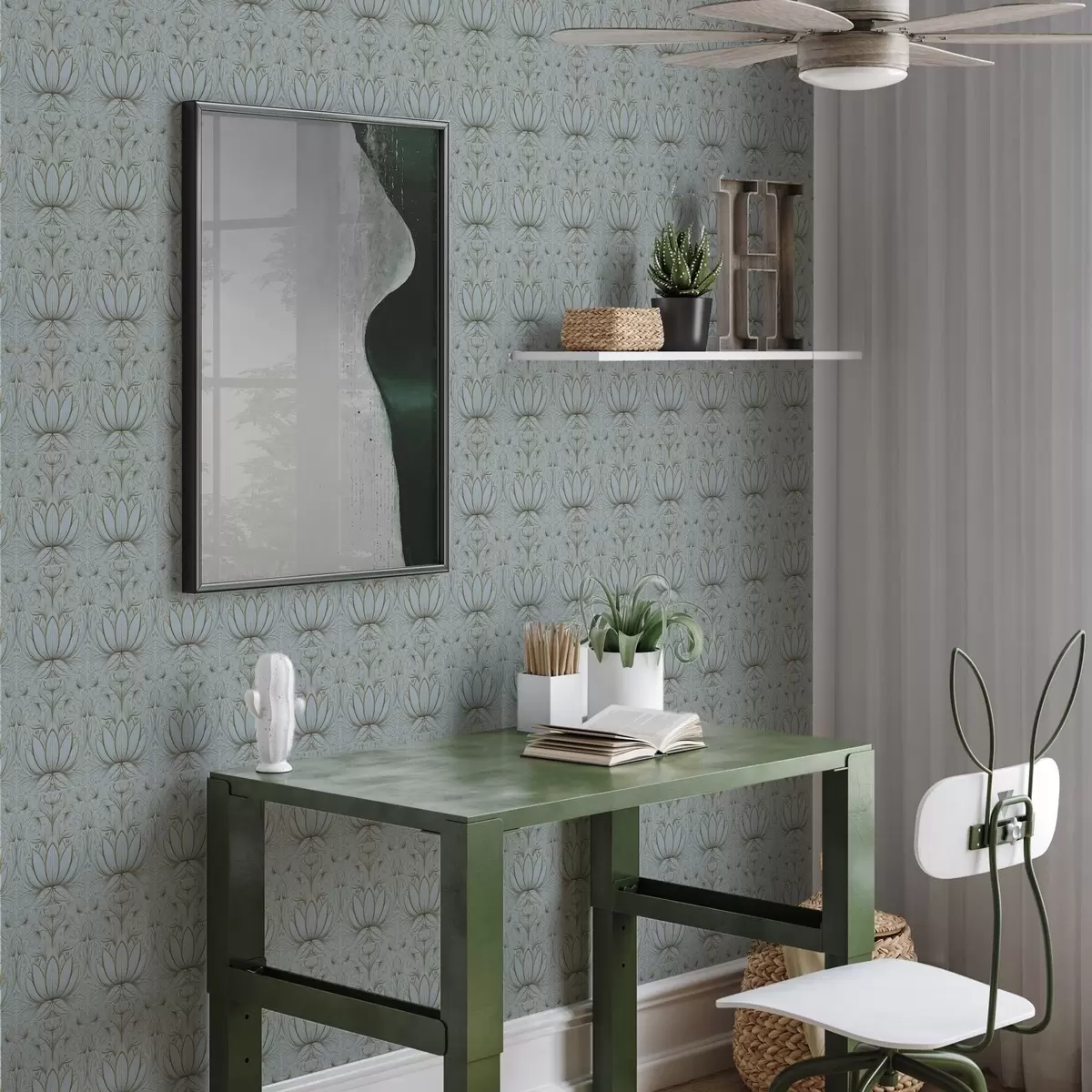 Papier peint Ornement Lotus dans une palette turquoise et jaune a00439