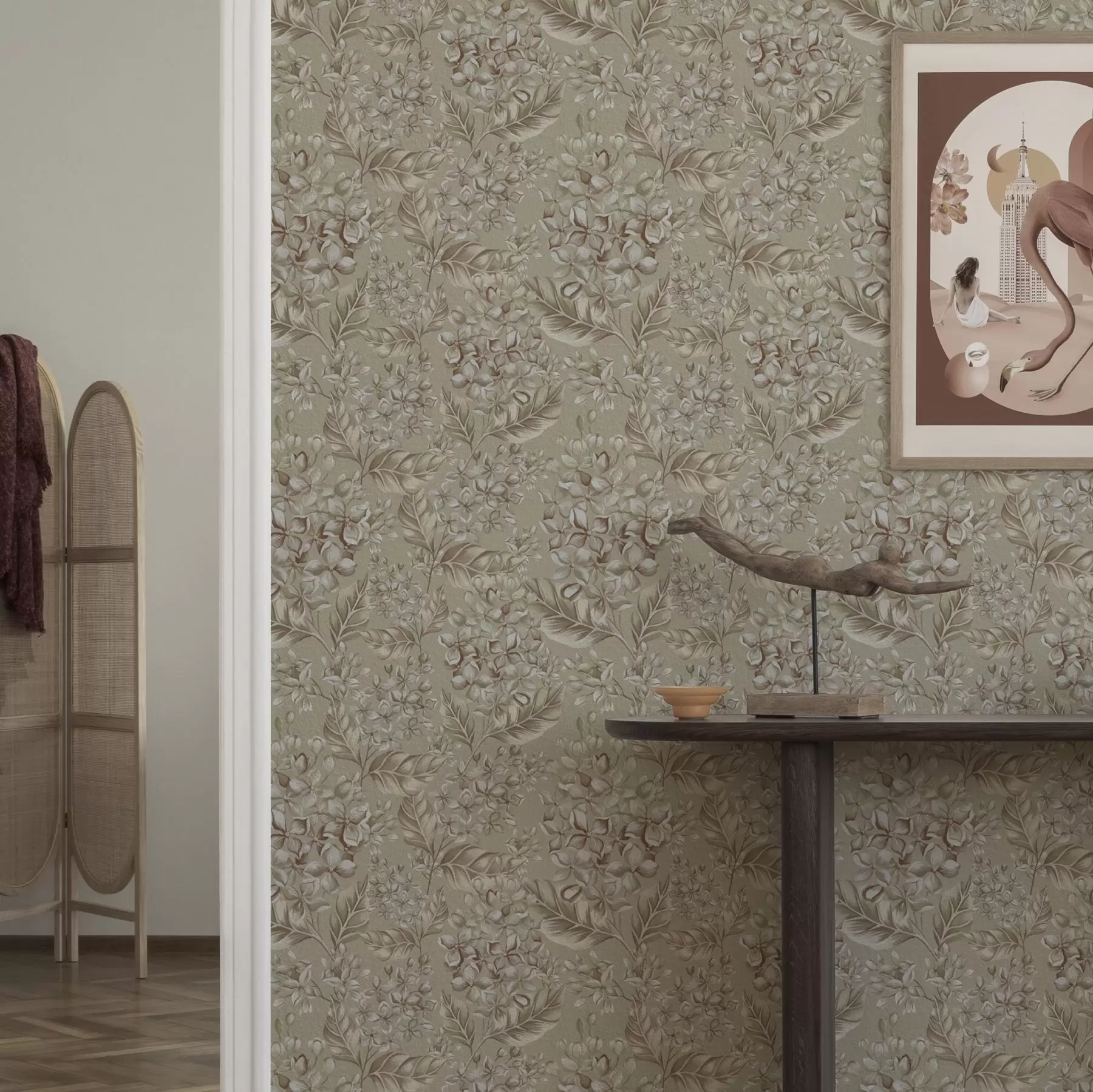 fototapeter Beige grene med hvide blomster i varme nuancer a00441