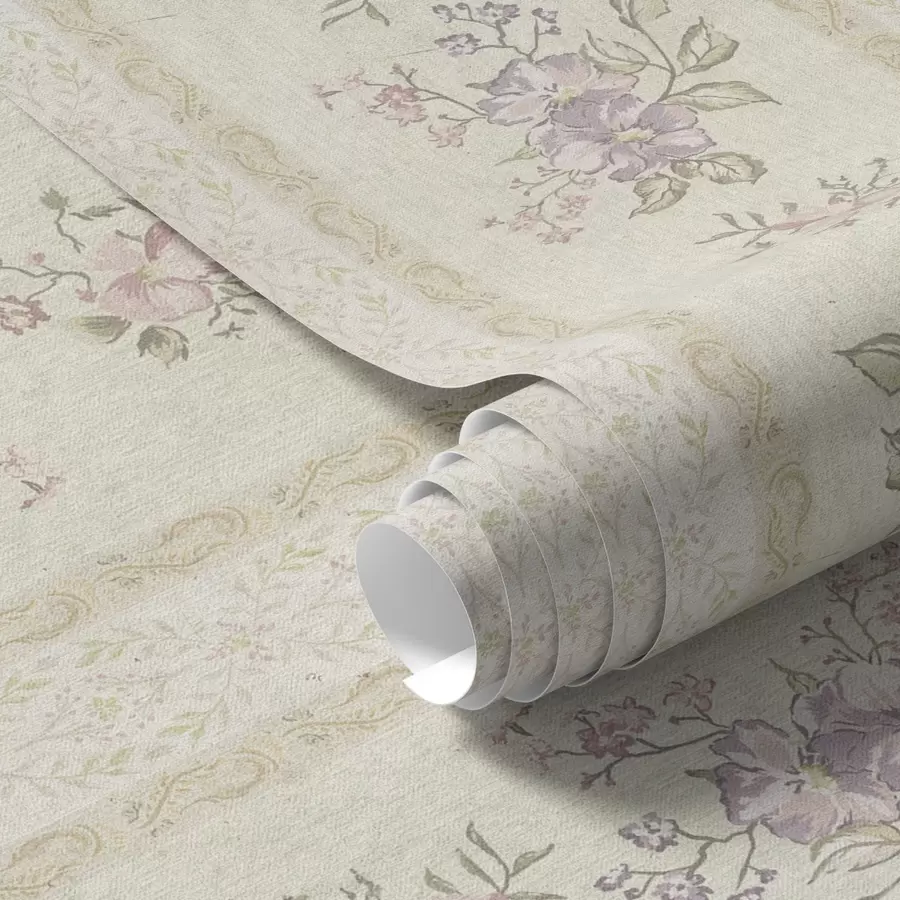 Murale Fleurs vintage sur fond rayé avec ornement a00440