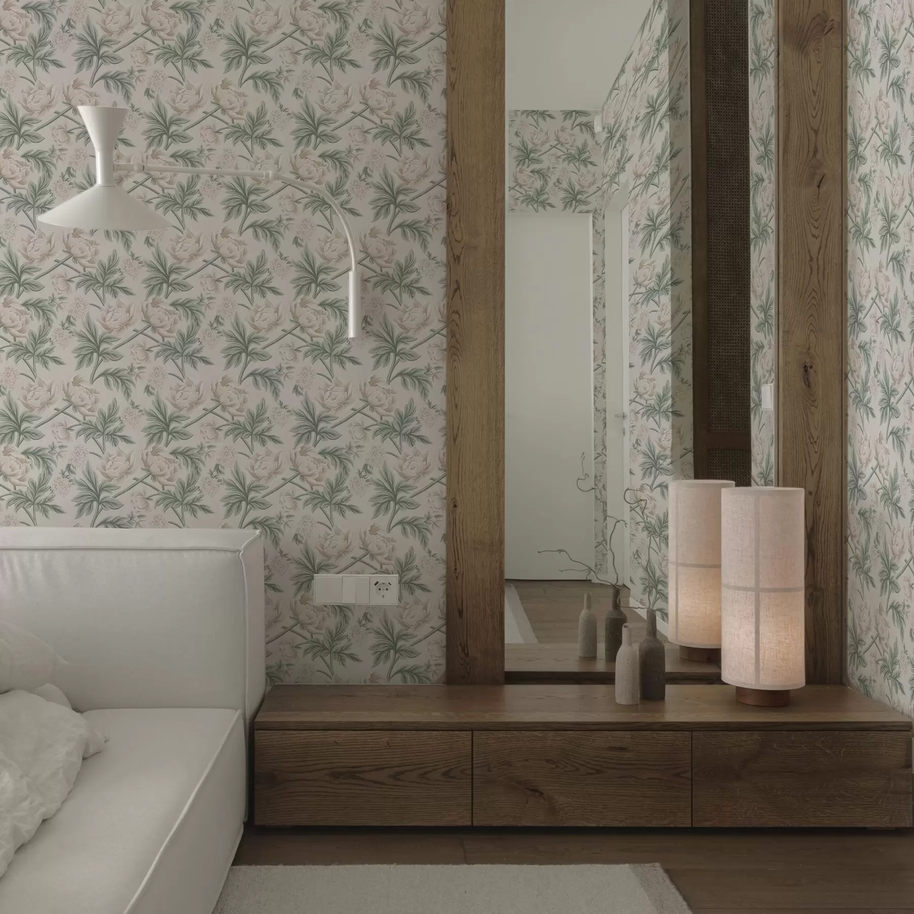 Fototapete Üppige Pfingstrosen in hellem Beige und Grün Beige und Grün a00445