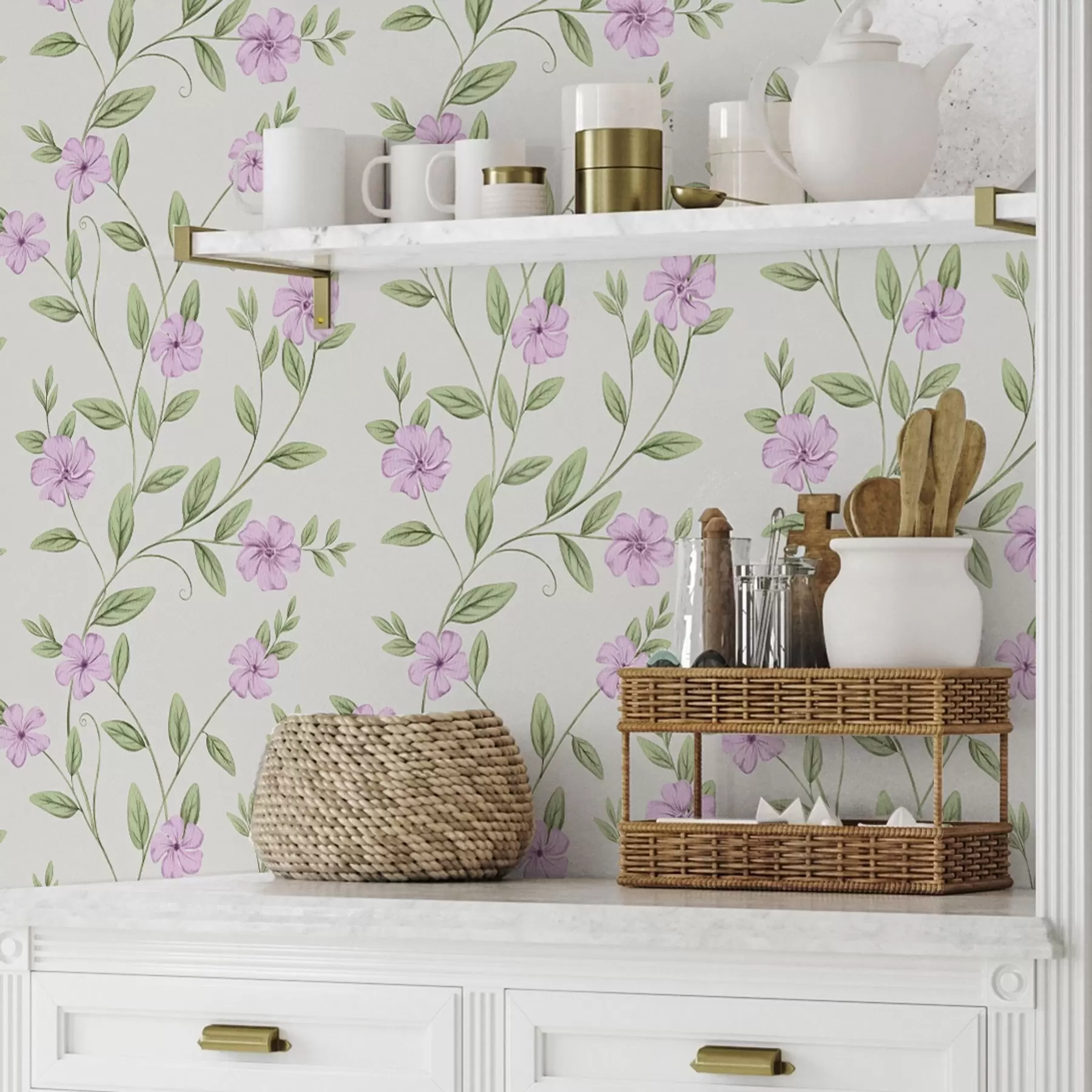 fototapeter Lyserøde blomster med grønne ranker på en cremefarvet baggrund a00453