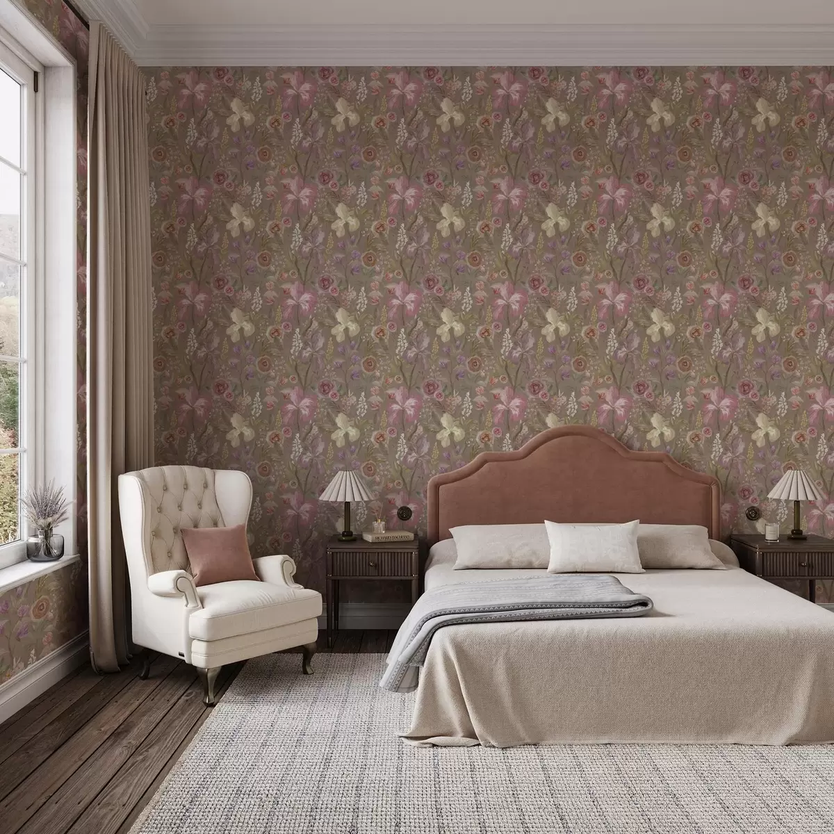 Papier peint Motif de fleur d'iris rose vintage sur fond beige texturé a00457