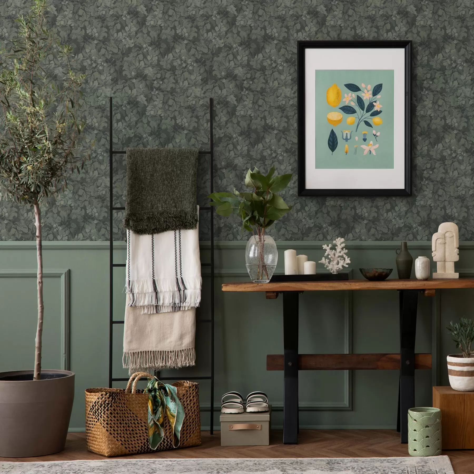 fototapeter Mørk tekstur af blade med agern i dyb grøn a00461