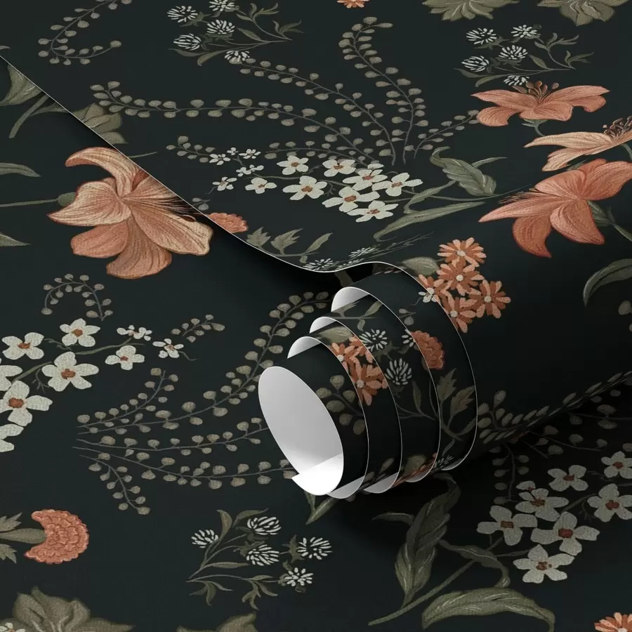 Murale Lys orange et petites fleurs sur fond noir a00463