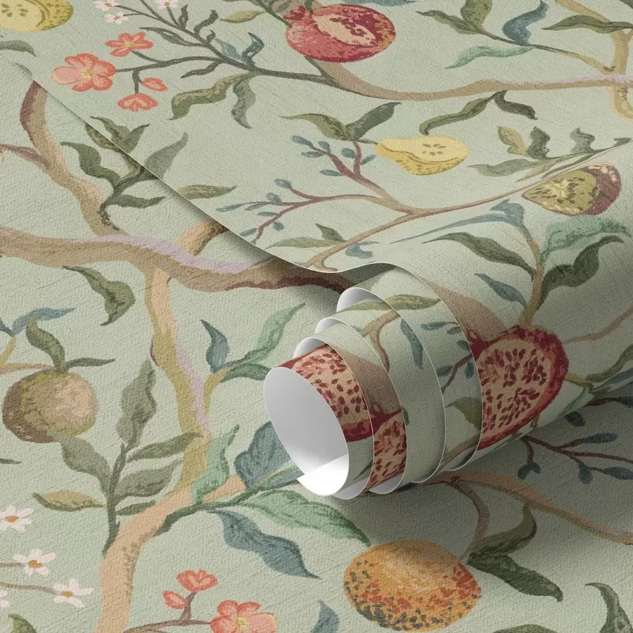 fototapeter Granatæblefrugter, pærer og blomster på en lysegrøn baggrund a00465