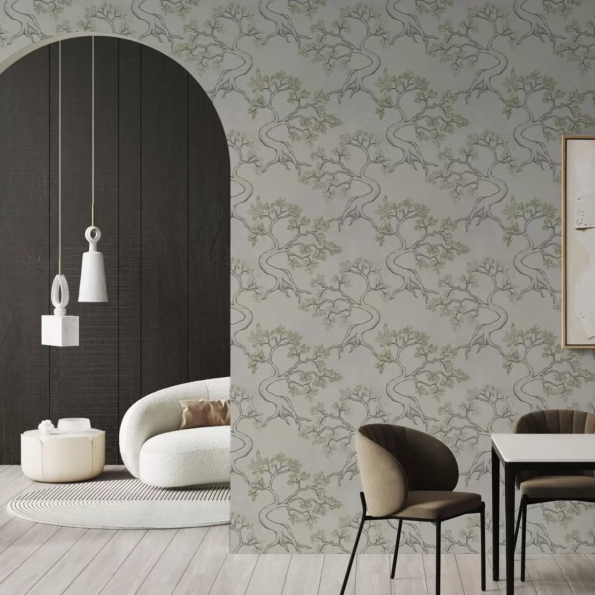 Tapete Einfarbige Bäume mit geschwungenen Stämmen a00468