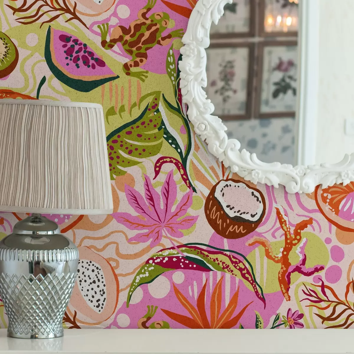 Baggrund Eksotiske frugter, blade og kamæleoner i tropisk stil a00469