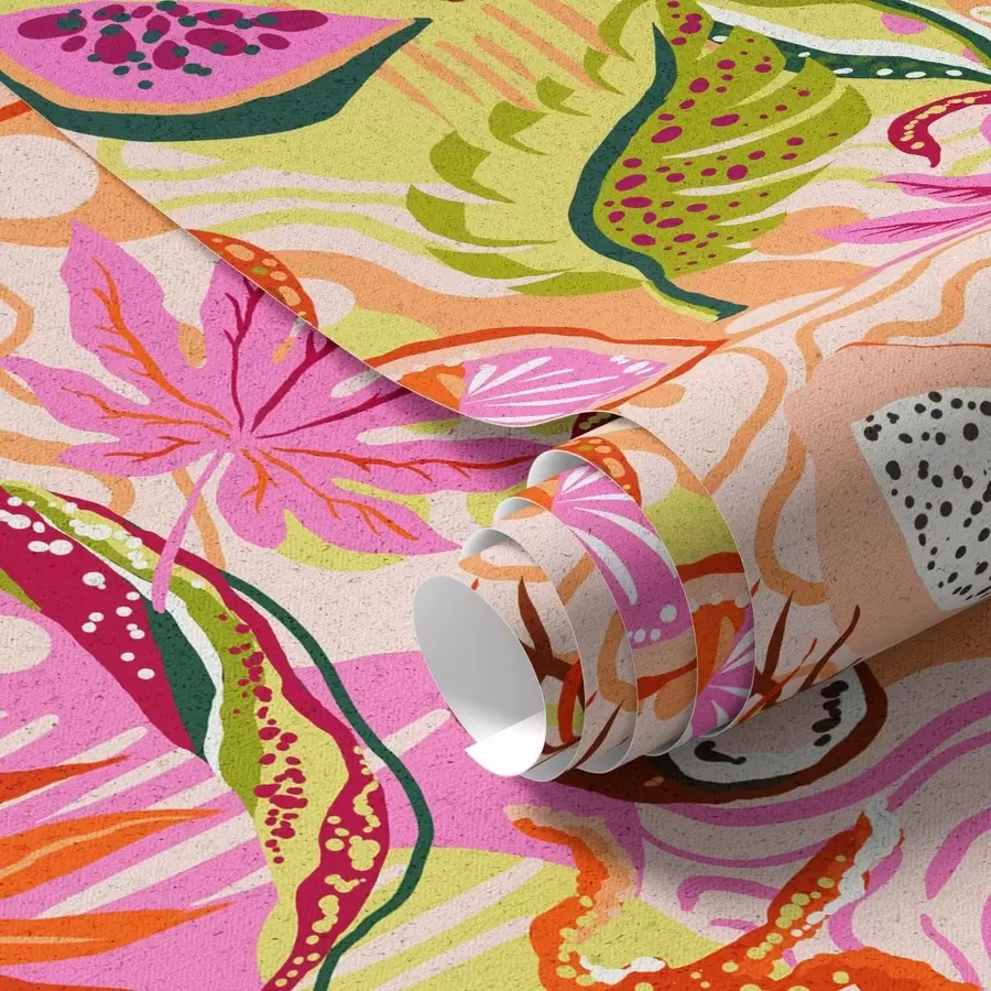 fototapeter Eksotiske frugter, blade og kamæleoner i tropisk stil a00469